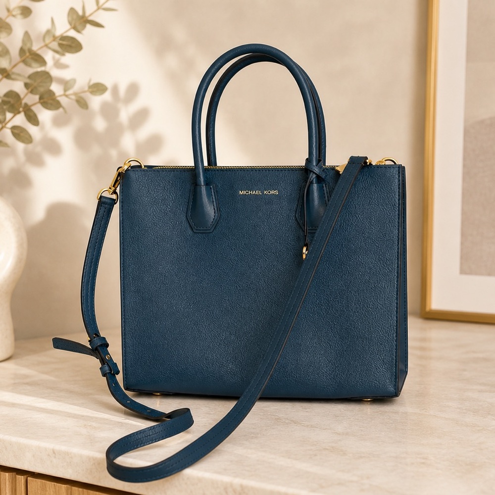 Michael Kors Mercer Studio Large Pebbled Leather Satchel Tote Crossbody (Blue) - Picture 3 of 8